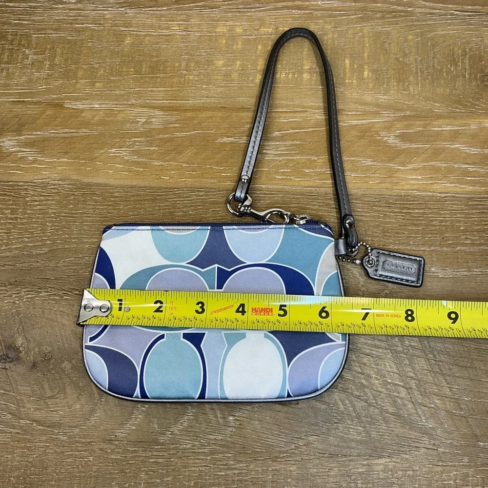 Coach Gallery Blue, Grey, Turquoise Signature Scarf Print Sateen Wristlet